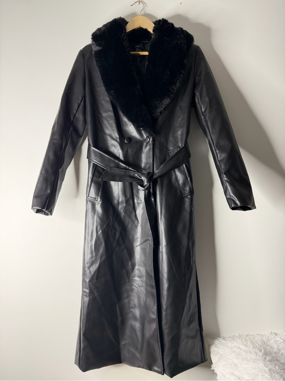 Lulu's Black Faux-Leather Trench Coat with Faux-Fur Collar